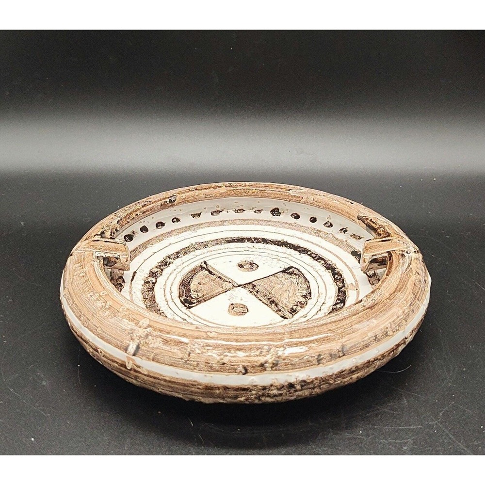 Vintage Ceramic Art Pottery Ashtray Brown White 8" Hand Painted